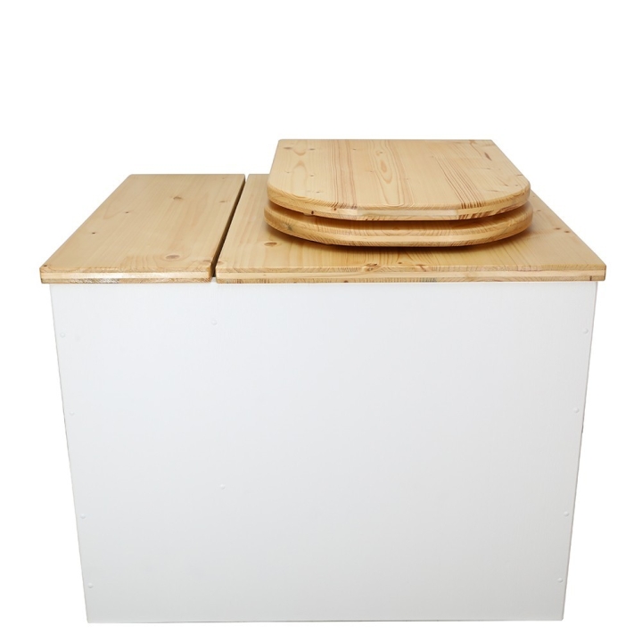  Toilette sèche rehaussée en bois blanc/huilé avec bac intégré. Livré avec bavette inox et seau 22L. abattant huilé déclipsable.