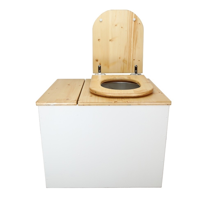 Toilette sèche rehaussée en bois blanc/huilé avec bac intégré. Livré avec bavette inox et seau 22L. abattant huilé déclipsable.