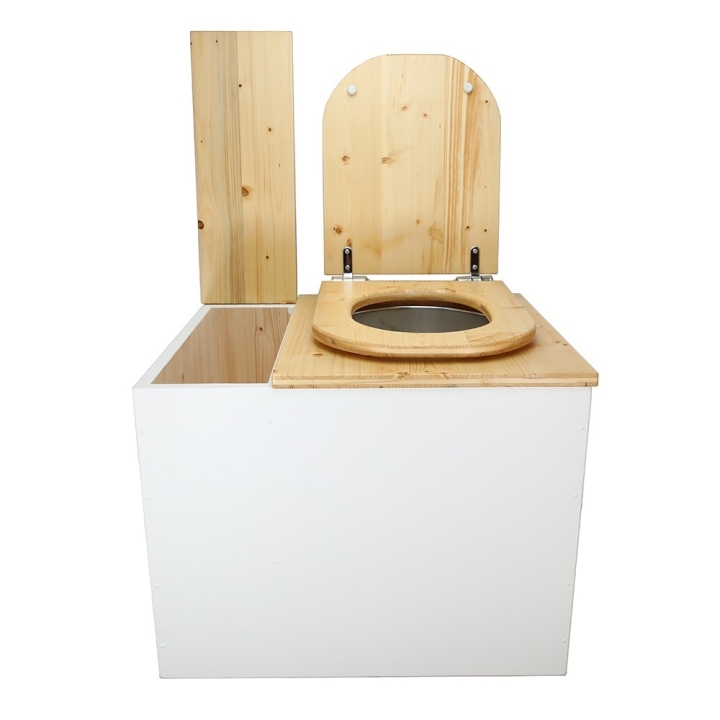  Toilette sèche rehaussée en bois blanc/huilé avec bac intégré. Livré avec bavette inox et seau 22L. abattant huilé déclipsable.