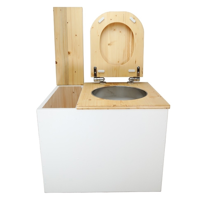  Toilette sèche rehaussée en bois blanc/huilé avec bac intégré. Livré avec bavette inox et seau 22L. abattant huilé déclipsable.