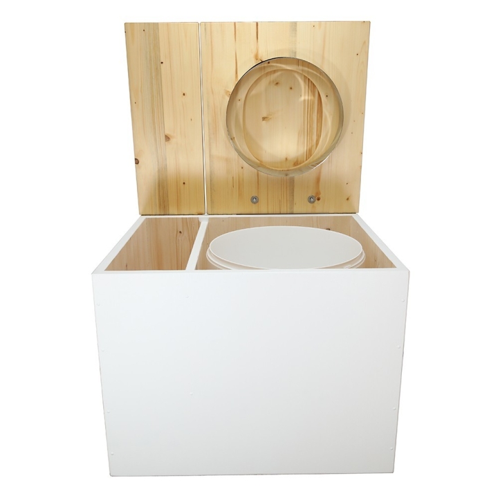  Toilette sèche rehaussée en bois blanc/huilé avec bac intégré. Livré avec bavette inox et seau 22L. abattant huilé déclipsable.