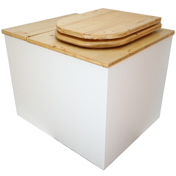  Toilette sèche rehaussée en bois blanc/huilé avec bac intégré. Livré avec bavette inox et seau 22L. abattant huilé déclipsable.