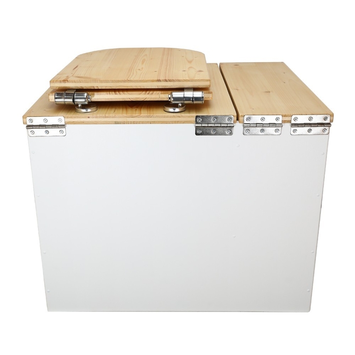  Toilette sèche rehaussée en bois blanc/huilé avec bac intégré. Livré avec bavette inox et seau 22L. abattant huilé déclipsable.