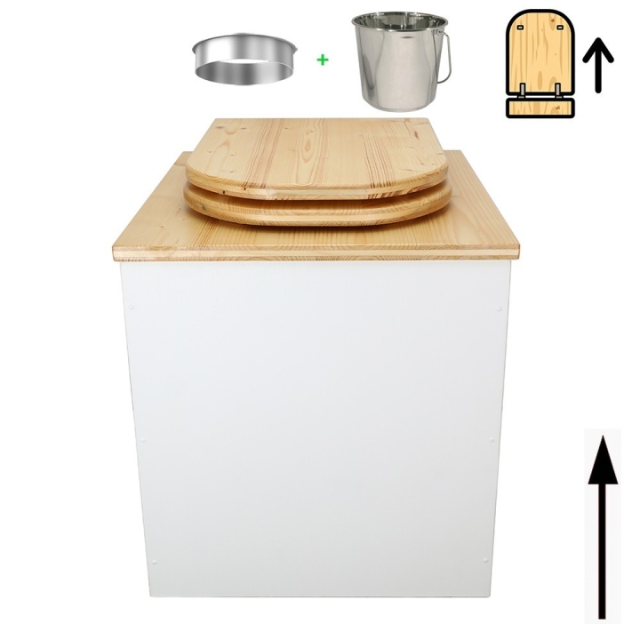 Toilette sèche rehaussée en bois blanc/huilé complète avec seau inox et bavette inox - abattant bois huilé déclipsable