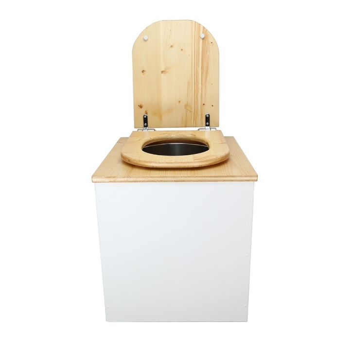  Toilette sèche rehaussée en bois blanc/huilé complète avec seau inox et bavette inox - abattant bois huilé déclipsable