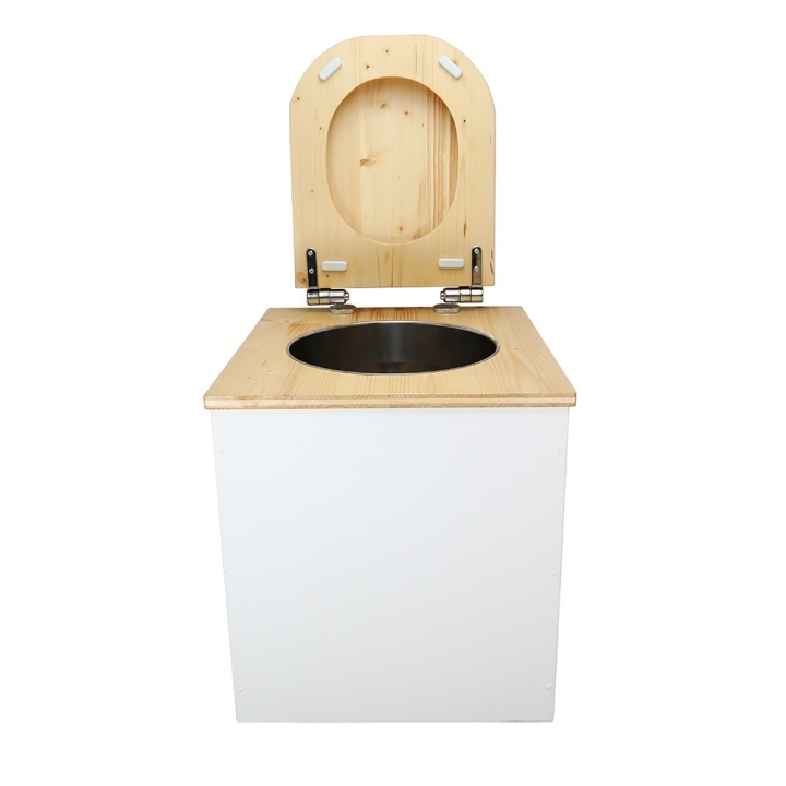  Toilette sèche rehaussée en bois blanc/huilé complète avec seau inox et bavette inox - abattant bois huilé déclipsable