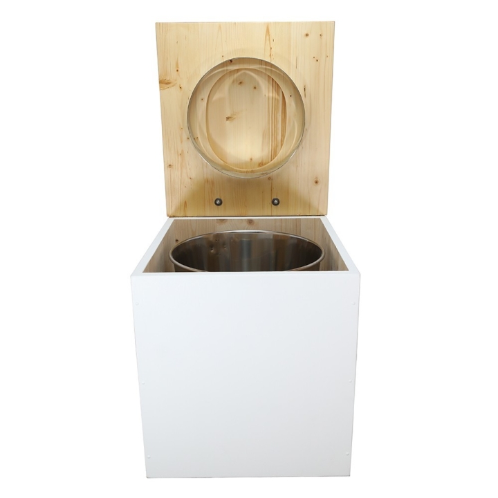  Toilette sèche rehaussée en bois blanc/huilé complète avec seau inox et bavette inox - abattant bois huilé déclipsable