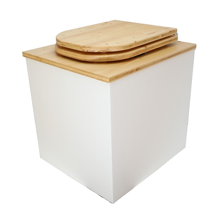  Toilette sèche rehaussée en bois blanc/huilé complète avec seau inox et bavette inox - abattant bois huilé déclipsable