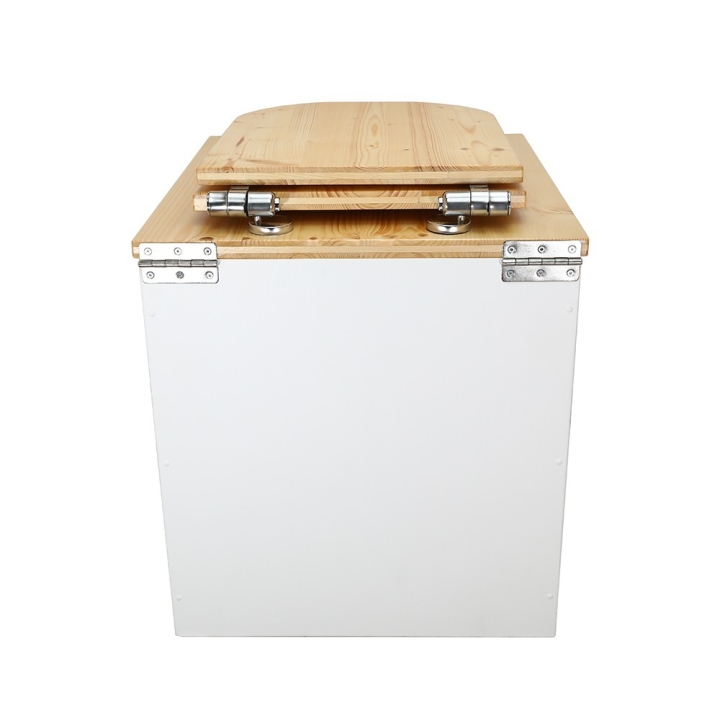  Toilette sèche rehaussée en bois blanc/huilé complète avec seau inox et bavette inox - abattant bois huilé déclipsable