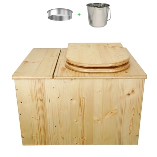 Toilette sèche huilée avec bac à copeaux de bois complète avec bavette inox et seau inox - abattant huilé "D"
