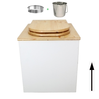 Toilette sèche rehaussée en bois blanc/huilé complète avec seau inox et bavette inox - abattant bois huilé forme de D