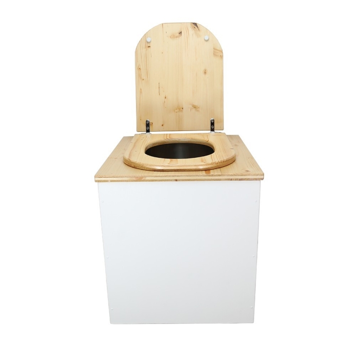  Toilette sèche rehaussée en bois blanc/huilé complète avec seau inox et bavette inox - abattant bois huilé forme de D