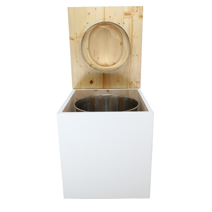  Toilette sèche rehaussée en bois blanc/huilé complète avec seau inox et bavette inox - abattant bois huilé forme de D