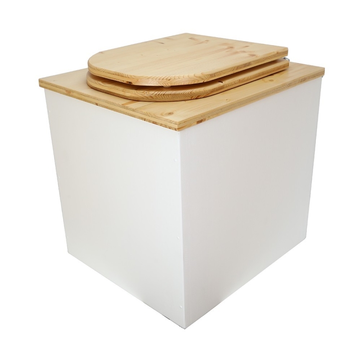  Toilette sèche rehaussée en bois blanc/huilé complète avec seau inox et bavette inox - abattant bois huilé forme de D