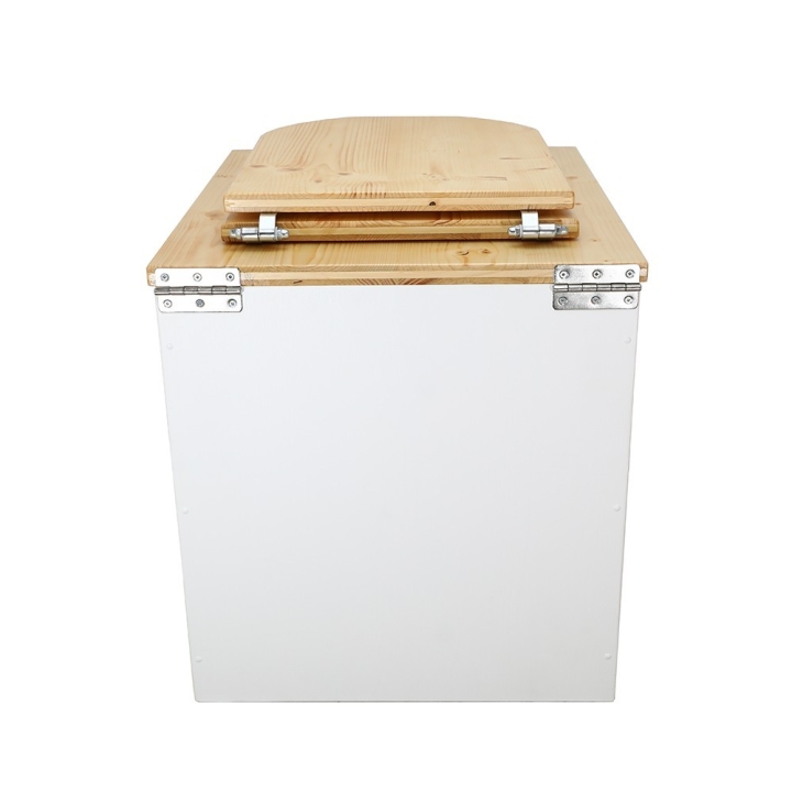  Toilette sèche rehaussée en bois blanc/huilé complète avec seau inox et bavette inox - abattant bois huilé forme de D