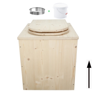 Toilette sèche rehaussée en bois brut complète avec seau plastique 22L et bavette inox - abattant en forme de D