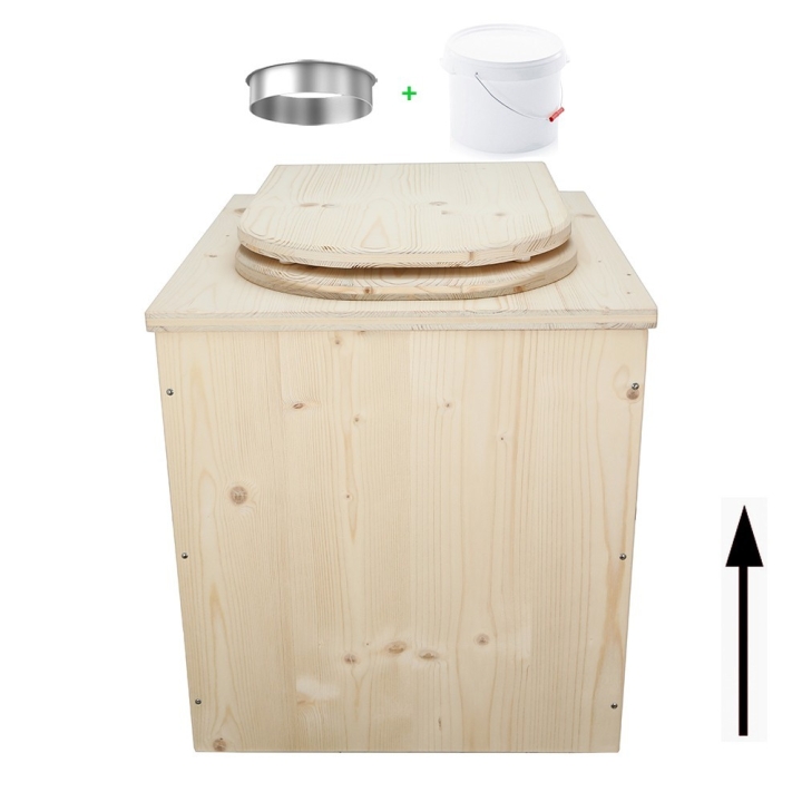 Toilette sèche rehaussée en bois brut complète avec seau plastique 22L et bavette inox - abattant en forme de D