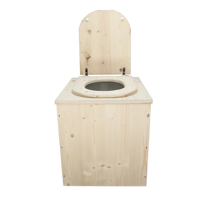  Toilette sèche rehaussée en bois brut complète avec seau plastique 22L et bavette inox - abattant en forme de D
