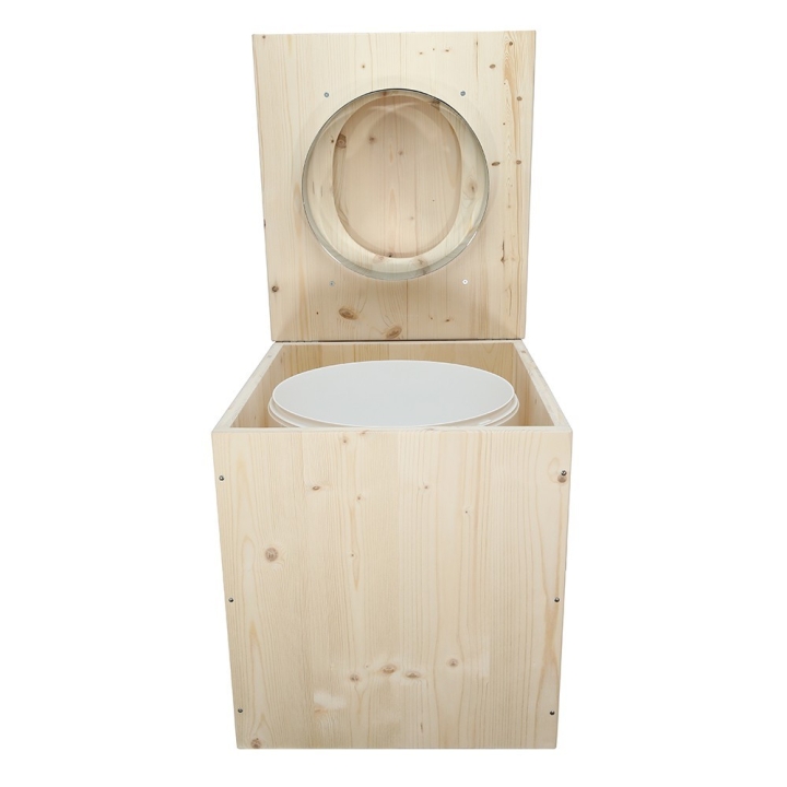  Toilette sèche rehaussée en bois brut complète avec seau plastique 22L et bavette inox - abattant en forme de D