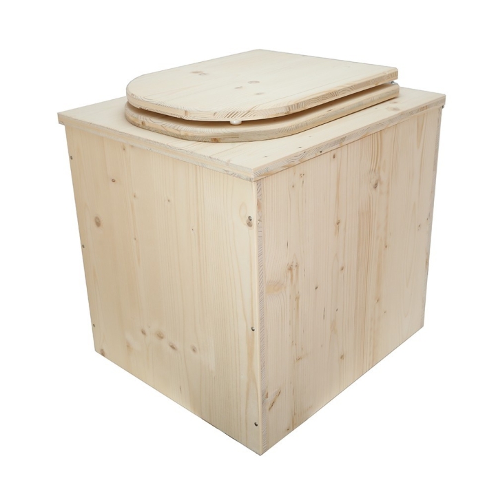  Toilette sèche rehaussée en bois brut complète avec seau plastique 22L et bavette inox - abattant en forme de D