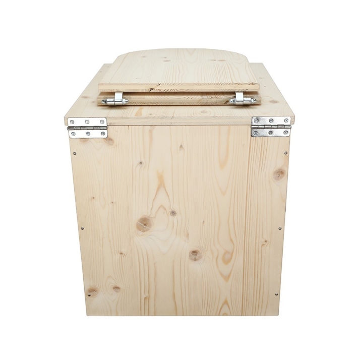 Toilette sèche rehaussée en bois brut complète avec seau plastique 22L et bavette inox - abattant en forme de D