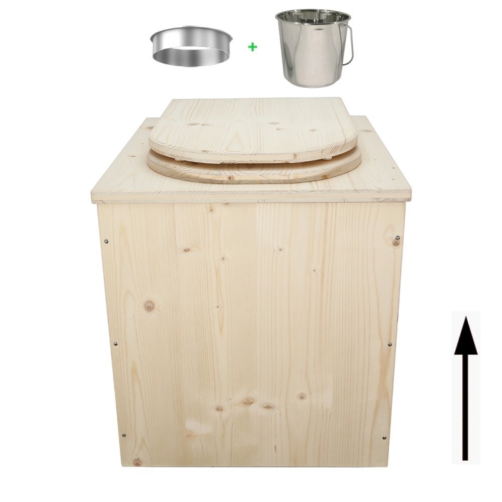 Toilette sèche rehaussée en bois complète avec seau inox et bavette inox - abattant en forme de D