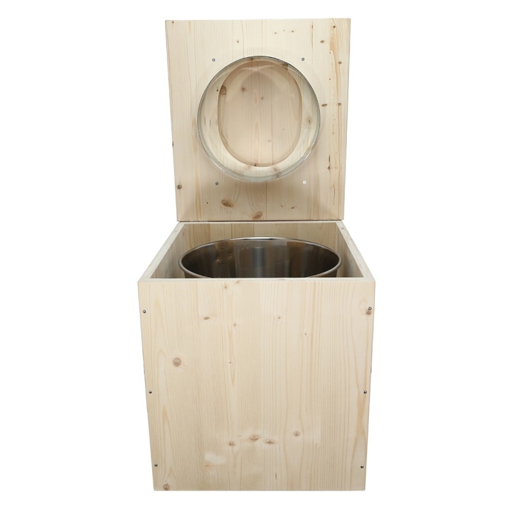  Toilette sèche rehaussée en bois complète avec seau inox et bavette inox - abattant en forme de D