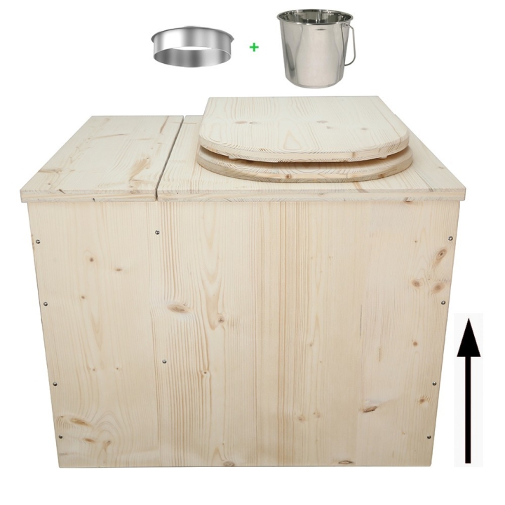 Toilette sèche rehaussée avec bac à copeaux de bois vendue avec bavette inox