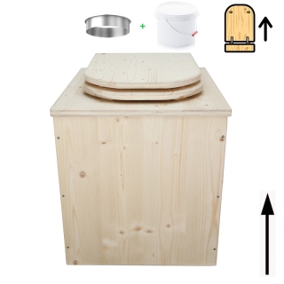 Toilette sèche rehaussée en bois brut avec seau plastique 22L et bavette inox - abattant en forme de D déclipsable