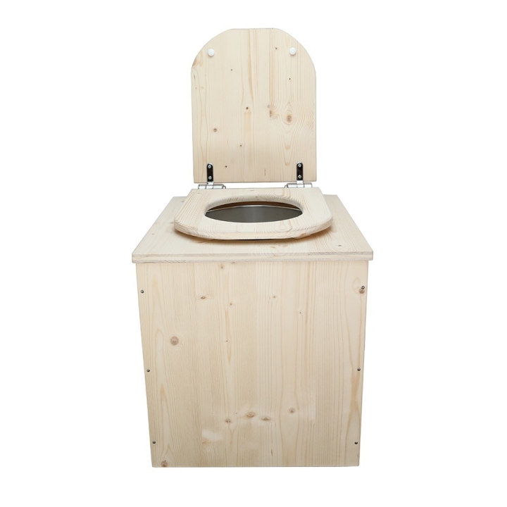  Toilette sèche rehaussée en bois brut avec seau plastique 22L et bavette inox - abattant en forme de D déclipsable