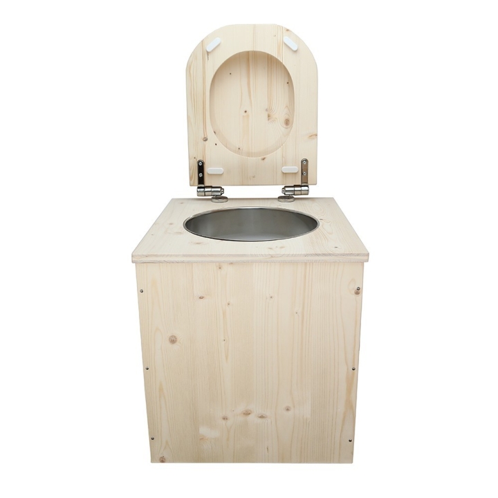  Toilette sèche rehaussée en bois brut avec seau plastique 22L et bavette inox - abattant en forme de D déclipsable