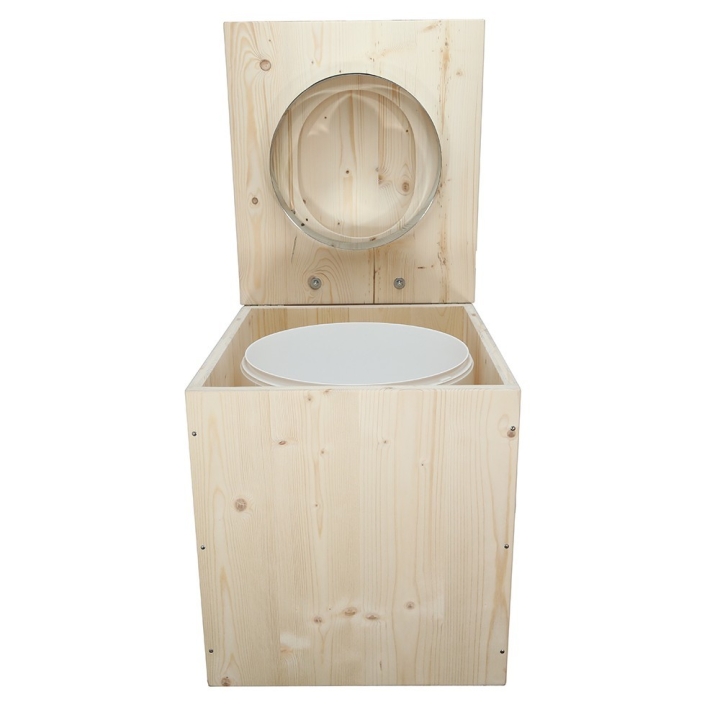  Toilette sèche rehaussée en bois brut avec seau plastique 22L et bavette inox - abattant en forme de D déclipsable
