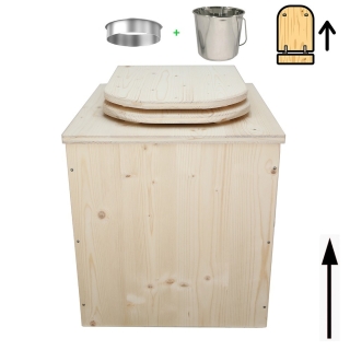 Toilette sèche rehaussée en bois complète avec seau inox et bavette inox - abattant en forme de D