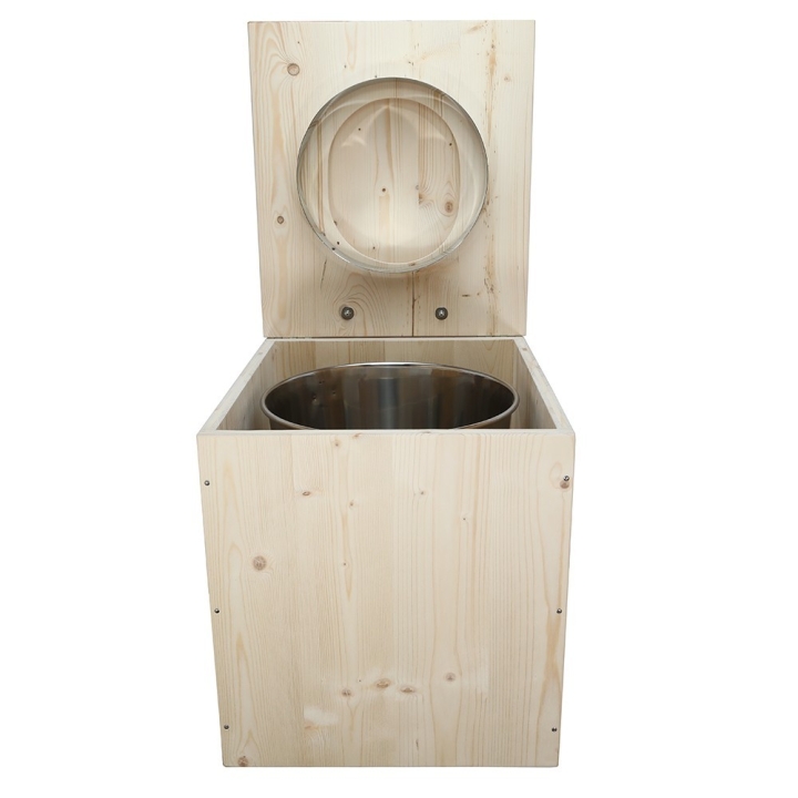  Toilette sèche rehaussée en bois complète avec seau inox et bavette inox - abattant en forme de D