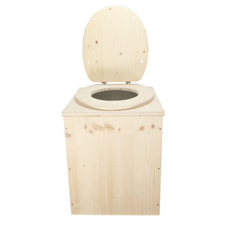  Toilette sèche en bois brut rehaussée avec seau plastique 20 L + bavette inox