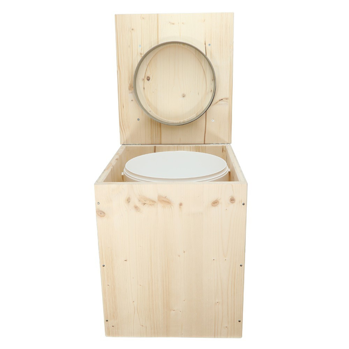  Toilette sèche en bois brut rehaussée avec seau plastique 20 L + bavette inox