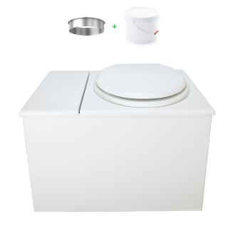 Toilette sèche avec bac à copeaux de bois blanche. Livré complet avec bavette inox et seau 22 litres